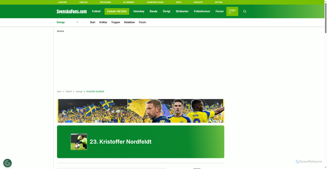 Security scan screenshot of https://www.svenskafans.com/fotboll/spelare/kristoffer-nordfeldt_74916