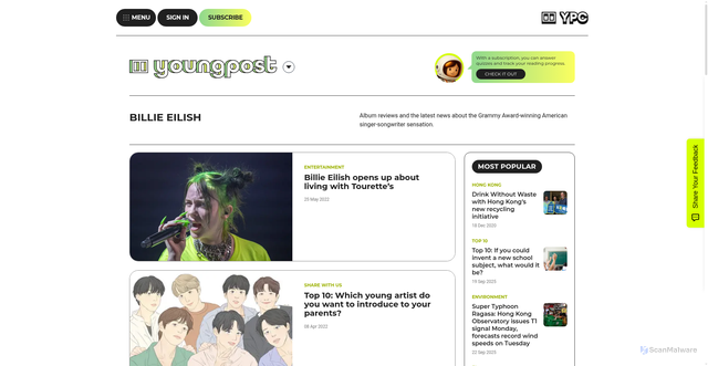 Security scan screenshot of https://www.youngpostclub.com/yp/topics/billie-eilish