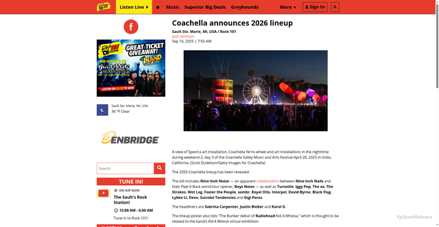 Security scan screenshot of https://www.rock101.net/2025/09/16/coachella-announces-2026-lineup/