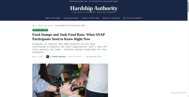 Security scan screenshot of https://hardshipauthority.com/news/food-stamps-and-junk-food-bans-what-snap-participants-need-to-know