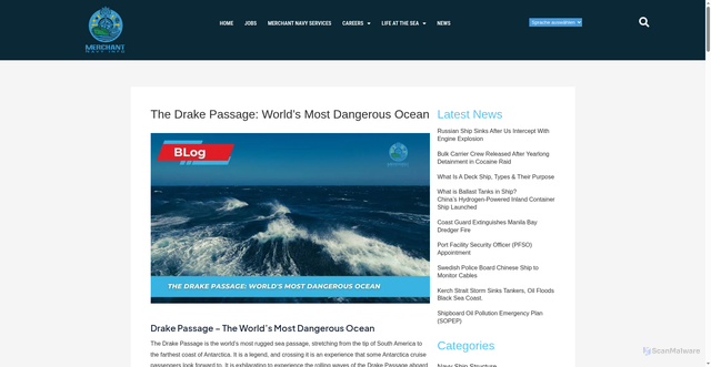 Security scan screenshot of https://merchantnavyinfo.com/the-drake-passage-worlds-most-dangerous-ocean/
