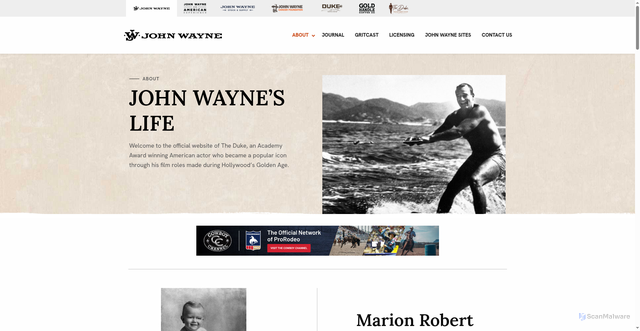 Security scan screenshot of https://www.johnwayne.com/about/john-waynes-life/