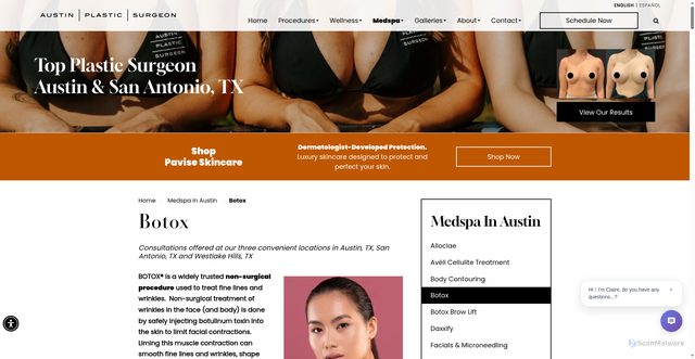 Security scan screenshot of https://www.austinplasticsurgeon.com/medspa-austin-tx/botox/