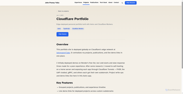Security scan screenshot of http://johnpranoy7.dev/projects/cloudflare-portfolio/