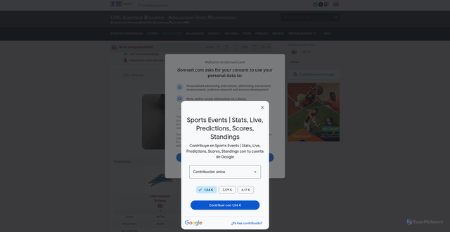 Security scan screenshot of https://donnael.com/Basketball.php/UNC-Asheville-Bulldogs/Appalachian-State-Mountaineers/3577194/
