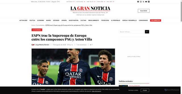 Security scan screenshot of https://lagrannoticia.com/curiosidades/espn-trae-la-supercopa-de-europa-entre-los-campeones-psg-y-aston-villa