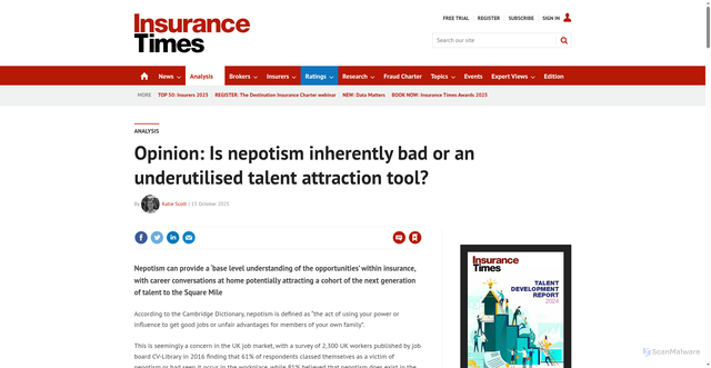 Security scan screenshot of https://www.insurancetimes.co.uk/analysis/opinion-is-nepotism-inherently-bad-or-an-underutilised-talent-attraction-tool/1456564.article