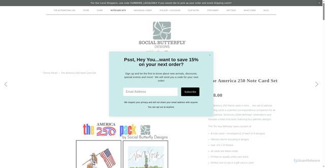 Security scan screenshot of https://www.socialbutterflydesigns.com/theme-packs/the-america-250-note-card-set