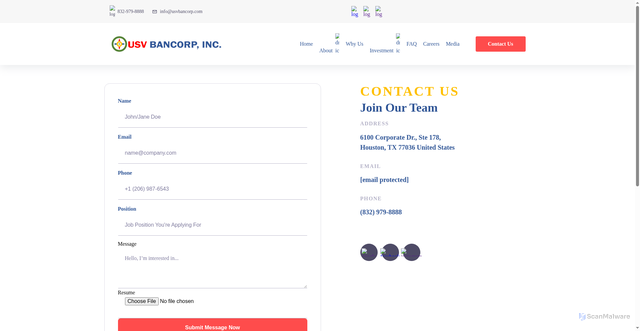 Security scan screenshot of https://usvbancorp.com/apply?position=Compliance%20Officer