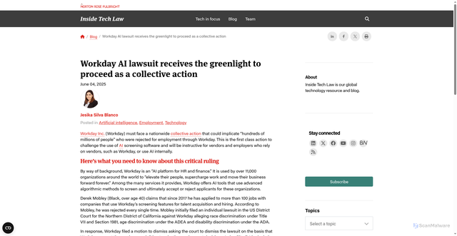 Security scan screenshot of https://www.insidetechlaw.com/blog/2025/06/workday-ai-lawsuit-receives-the-greenlight-to-proceed-as-a-class-action