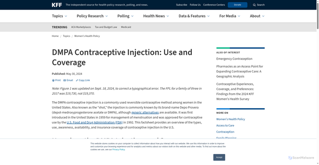 Security scan screenshot of https://www.kff.org/womens-health-policy/dmpa-contraceptive-injection-use-and-coverage/