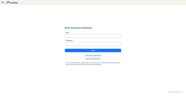 Security scan screenshot of https://cas.correios.com.br/login?service=https%3A%2F%2Fprepostagem.correios.com.br%2Flogin%2Fcas