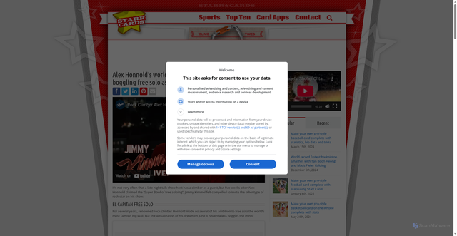 Security scan screenshot of https://starrcards.com/alex-honnolds-world-climbing-tour-culminates-with-mind-boggling-free-solo-ascent-of-el-capitan/