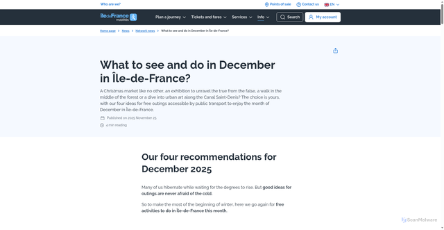 Security scan screenshot of https://www.iledefrance-mobilites.fr/en/actualites/idees-activites-sorties-ile-de-france-decembre