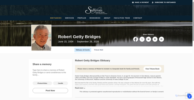 Security scan screenshot of https://www.sullivanfamilyfuneralhomes.com/obituaries/Robert-Getty-Bridges?obId=49735065