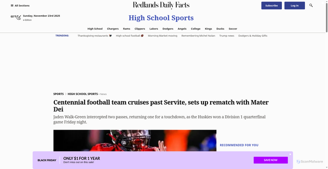 Security scan screenshot of https://www.redlandsdailyfacts.com/2025/11/14/centennial-football-team-cruises-past-servite-sets-up-rematch-with-mater-dei/