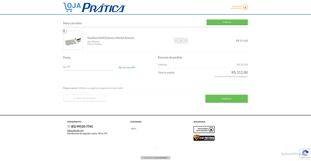 Security scan screenshot of https://loja.praticabr.com/loja/cartService.php?loja=447176&acao=incluir&IdProd=26