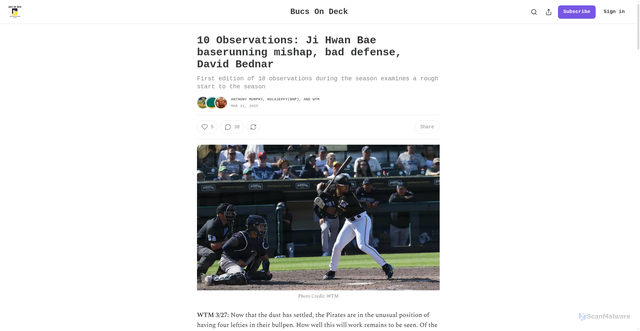 Security scan screenshot of https://bucsondeck.substack.com/p/10-observations-ji-hwan-bae-baserunning