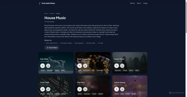 Security scan screenshot of https://freesafemusic.pages.dev/genres/house/