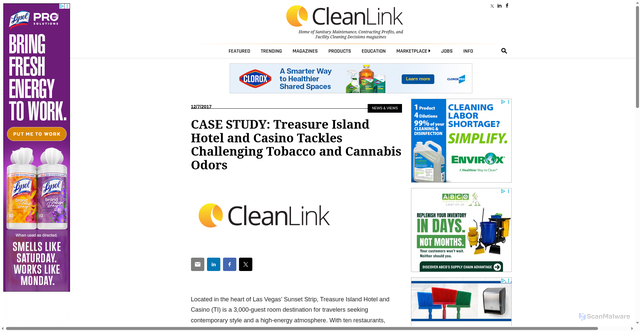 Security scan screenshot of https://www.cleanlink.com/news/article/CASE-STUDY-Treasure-Island-Hotel-and-Casino-Tackles-Challenging-Tobacco-and-Cannabis-Odors--21739