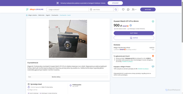 Security scan screenshot of https://allegrolokalnie.pl-7394921.icu/huawei-watch-gt-6-pro-46mm/72532