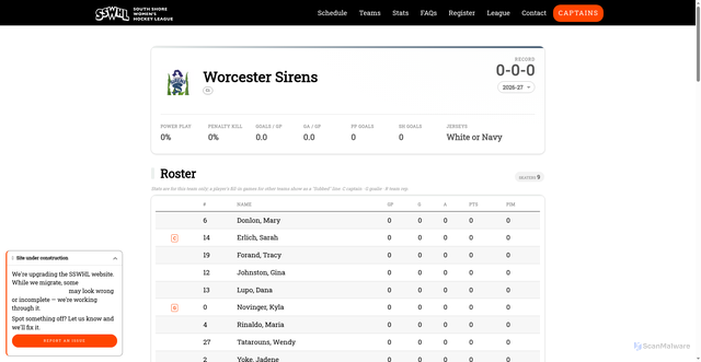 Security scan screenshot of https://www.sswhl.com/fetch_team.php?id=Worcester+Sirens