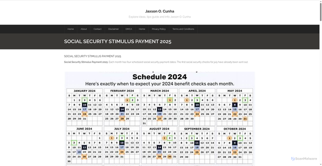 Security scan screenshot of https://jaxsonocunha.pages.dev/omeh-social-security-stimulus-payment-2025-images-kvdbshy/
