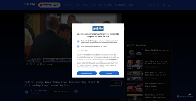 Security scan screenshot of https://salemnewschannel.com/watch/federal-judge-bars-trump-from-implementing-proof-of-citizenship-requirement-to-vote-6a3c1ec81b1d6304fad9b192