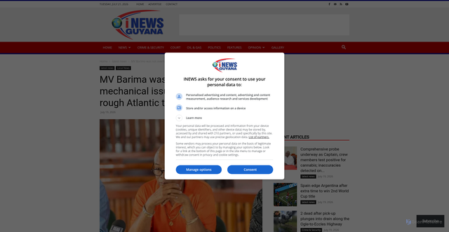 Security scan screenshot of https://inewsguyana.com/mv-barima-was-not-overloaded-or-had-mechanical-issues-edghill-blames-rough-atlantic-tides-for-capsizing/