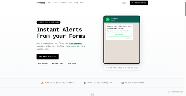 Security scan screenshot of https://formbeep.com/