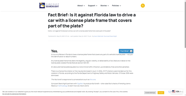 Security scan screenshot of https://suncoastsearchlight.org/fact-brief-florida-license-plate-frame-law/