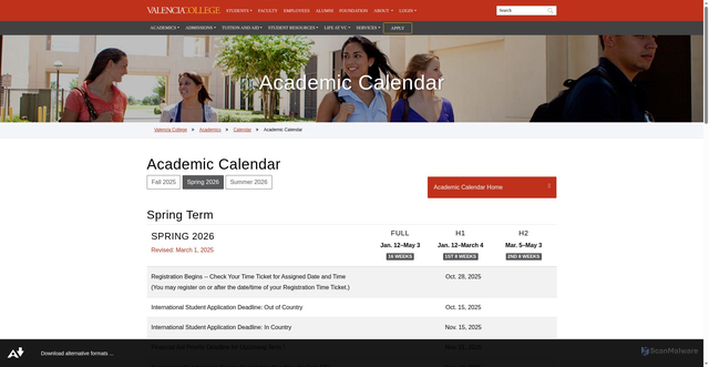 Security scan screenshot of https://valenciacollege.edu/academics/calendar/spring-2026.php