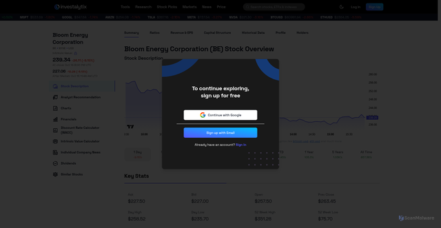 Security scan screenshot of https://www.investalytix.com/ticker/BE/stock-description
