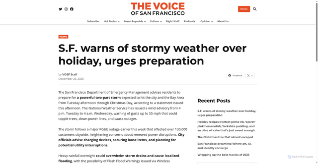 Security scan screenshot of https://thevoicesf.org/sf-gov-warns-of-stormy-weather-over-holiday-urges-preparation/