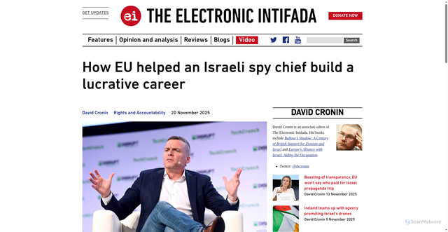 Security scan screenshot of https://electronicintifada.net/blogs/david-cronin/how-eu-helped-israeli-spy-chief-build-lucrative-career