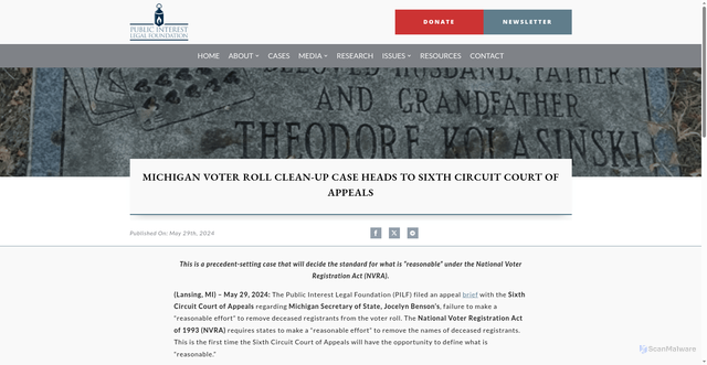 Security scan screenshot of https://publicinterestlegal.org/press/michigan-voter-roll-clean-up-case-heads-to-sixth-circuit-court-of-appeals/