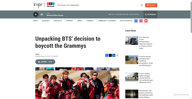 Security scan screenshot of https://www.kvpr.org/2026-08-03/unpacking-bts-decision-to-boycott-the-grammys