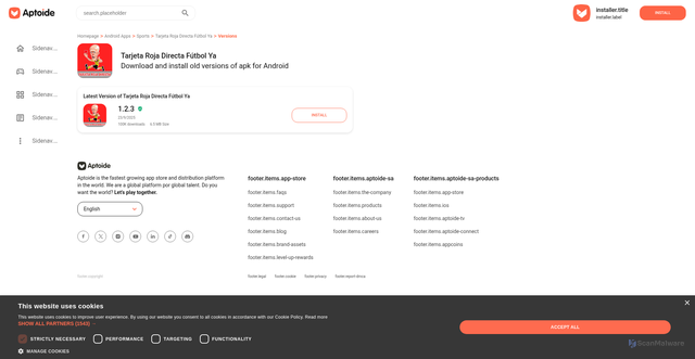Security scan screenshot of https://tarjeta-roja.en.aptoide.com/versions