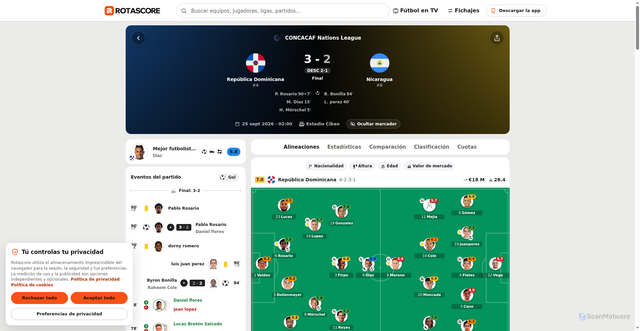 Security scan screenshot of https://www.rotascore.com/es/match/republica-dominicana-nicaragua/4jwq2ghnl2vwm0v