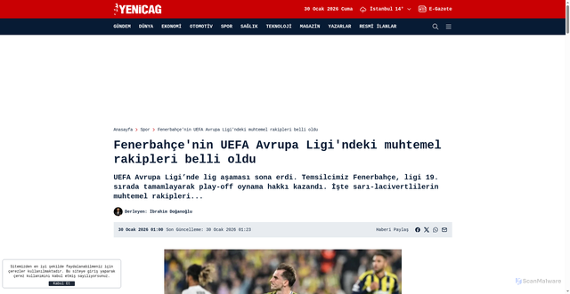 Security scan screenshot of https://www.yenicaggazetesi.com/fenerbahcenin-uefa-avrupa-ligindeki-muhtemel-rakipler-belli-oldu-996670h.htm