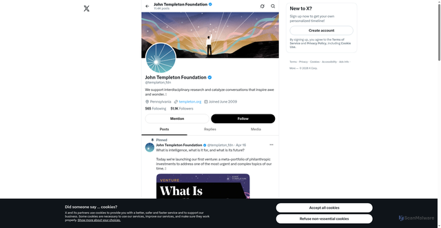 Security scan screenshot of https://x.com/templeton_fdn?utm_source=Receive+News+from+the+John+Templeton+Foundation&utm_campaign=704263b639-EMAIL_CAMPAIGN_2026_templetonideas_20260729&utm_medium=email&utm_term=0_-42837b4b08-97355777