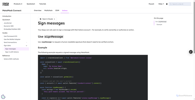 Security scan screenshot of http://metamask-docs-l8lvh00ol-consensys-ddffed67.vercel.app/sdk/solana/connect/guides/sign-data/sign-message/