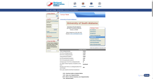 Security scan screenshot of https://beta.nationalapplicationcenter.com/gotocollege/campustour/undergraduate/4699/University_of_South_Alabama/University_of_South_Alabama5.html
