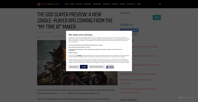 Security scan screenshot of https://lootlevelchill.com/features/the-god-slayer-preview-a-new-single-player-rpg-coming-from-the-my-time-at-maker/