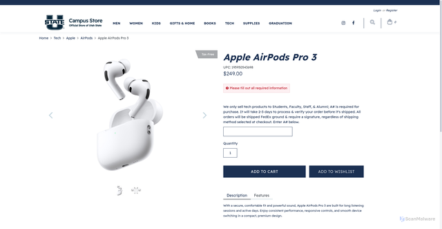 Security scan screenshot of https://www.usucampusstore.com/Apple-Airpods-Pro-3?srsltid=AfmBOopgiOl03Sjwt9sdTuojlCgYF0LSCfCaxJ6Nqg5WUiHVXxYnoNop