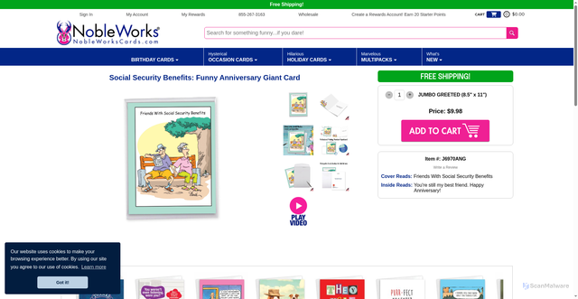 Security scan screenshot of https://www.nobleworkscards.com/j6970ang-social-security-benefits-hilarious-anniversary-jumbo-printed-card-martin-j-bucella.html?srsltid=AfmBOorKIn_J2Bh3wgcxqu5FZlKCQmRtOQnaRhwTU53qrBo0PfYuwtzM