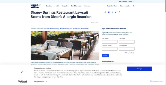 Security scan screenshot of https://www.burnsandwilcox.com/insights/disney-springs-restaurant-lawsuit-stems-from-diners-allergic-reaction/
