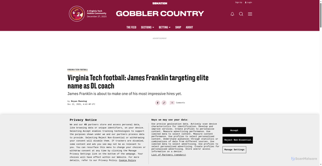 Security scan screenshot of https://www.gobblercountry.com/virginia-tech-football/29147/virginia-tech-football-hokies-james-franklin-sean-spencer