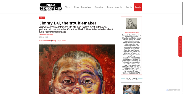Security scan screenshot of https://www.indexoncensorship.org/2025/02/jimmy-lai-troublemaker-hong-kong-political-prisoner-biography-mark-clifford/