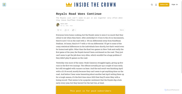 Security scan screenshot of https://insidethecrown.substack.com/p/royals-road-woes-continue